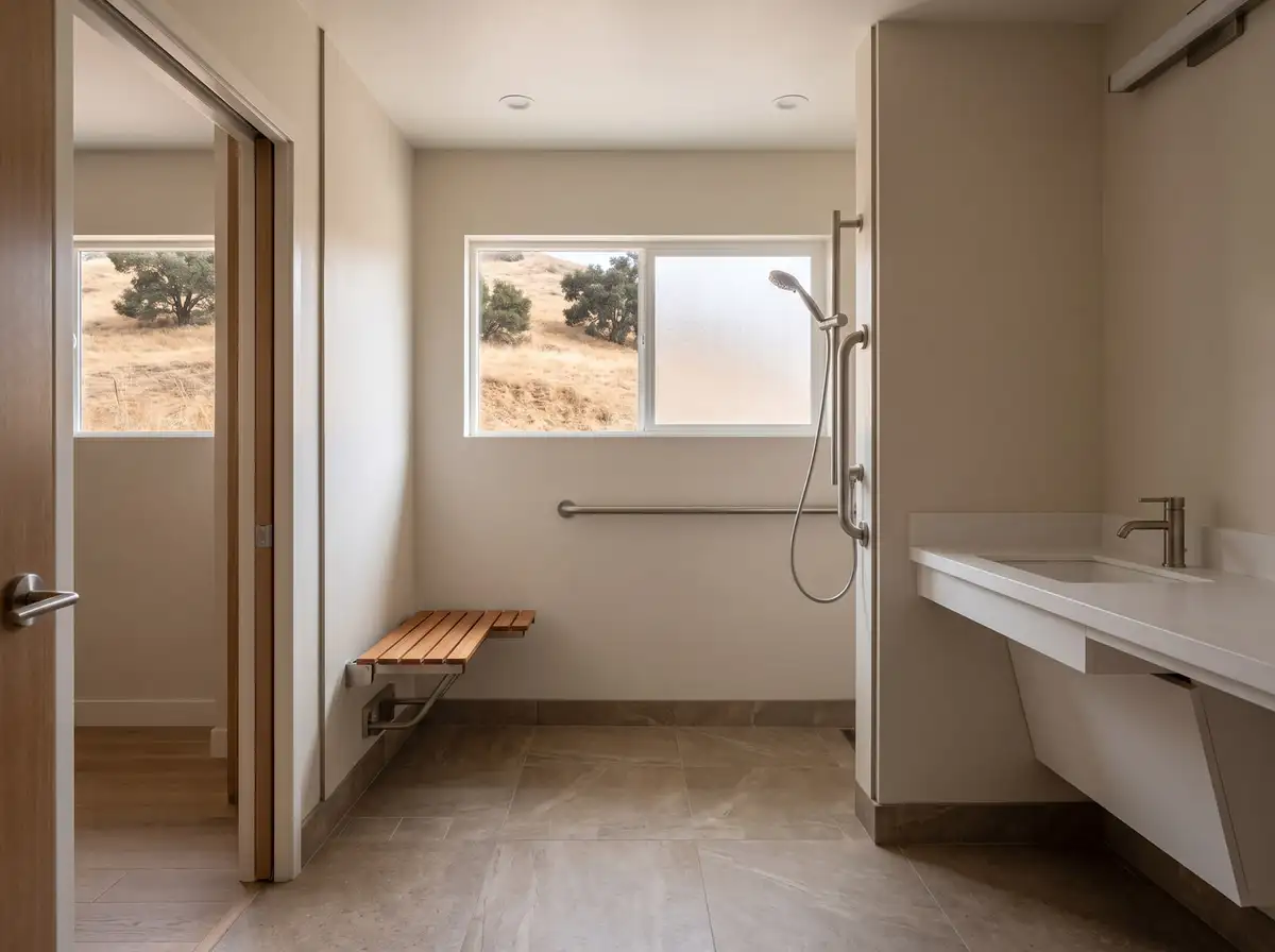 Baño accesible con regadera sin escalón para silla de ruedas, asiento plegable de teca, barras de apoyo y un gabinete flotante con espacio libre para las rodillas, ilustración generada con IA