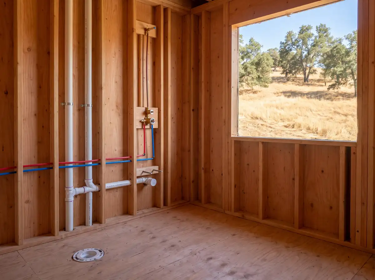 Ampliación de baño con la plomería preliminar instalada, la estructura de madera a la vista, tubería de suministro roja y azul y drenajes blancos listos para inspección, ilustración generada con IA