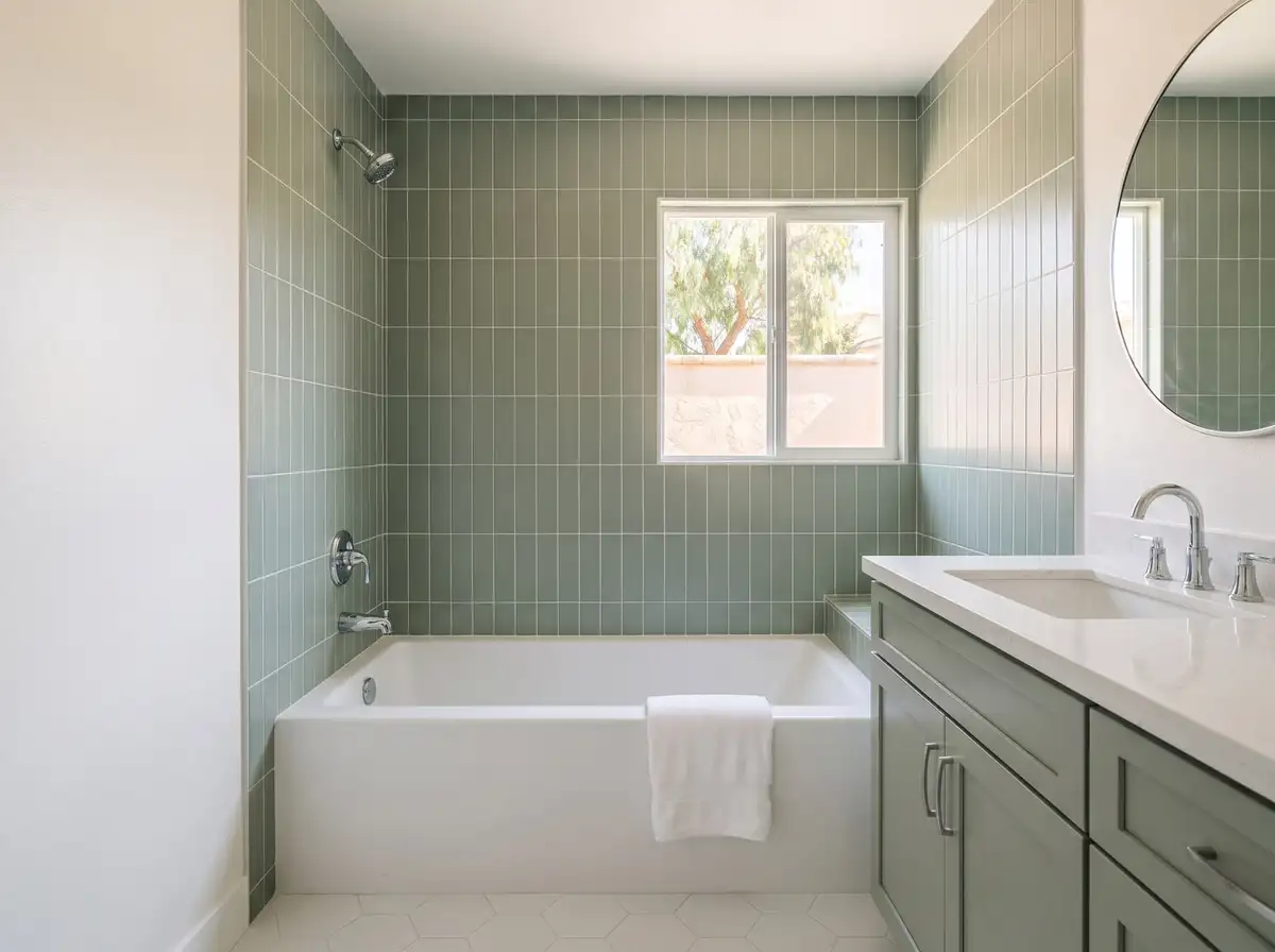 Baño de pasillo con tina blanca, azulejo verde salvia hasta el techo y un gabinete pintado con un solo lavabo, ilustración generada con IA